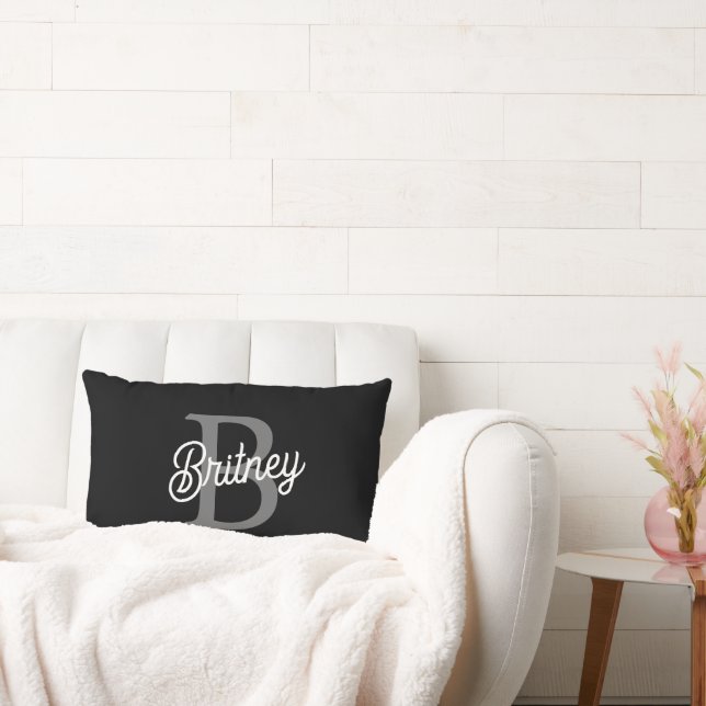 Modern Elegant Monogram Name  Black Grey Script  Lumbar Pillow (Couch)