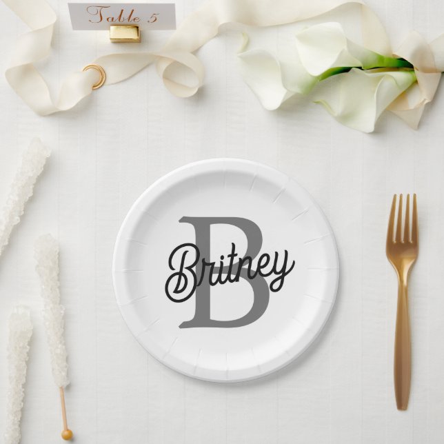 Modern Elegant Monogram Name  Black Grey Script  Paper Plate (Wedding)