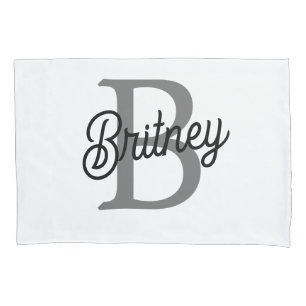 Modern Elegant Monogram Name  Black Grey Script  Pillowcase