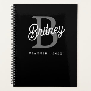 Modern Elegant Monogram Name  Black Grey Script  Planner