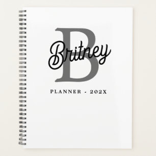 Modern Elegant Monogram Name Black Grey Script Planner
