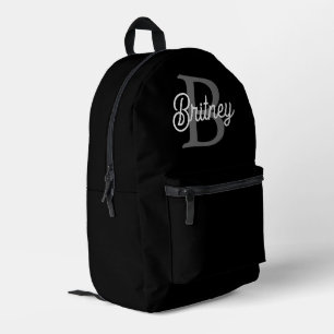 Modern Elegant Monogram Name  Black Grey Script  Printed Backpack