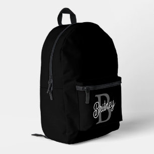 Modern Elegant Monogram Name  Black Grey Script  Printed Backpack