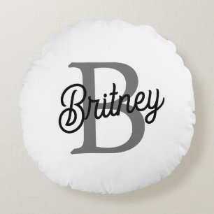 Modern Elegant Monogram Name Black Grey Script Round Pillow