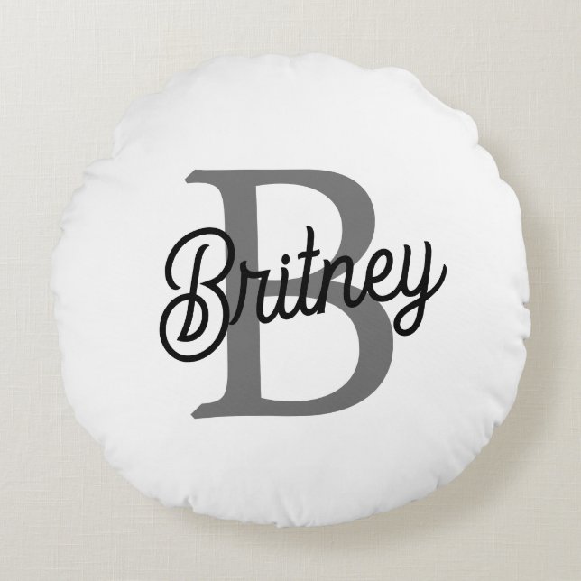 Modern Elegant Monogram Name  Black Grey Script  Round Pillow (Front)