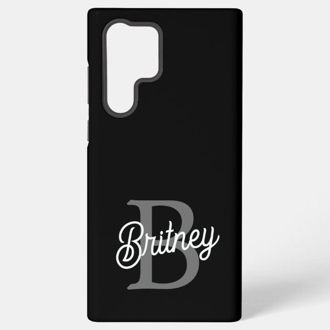 Modern Elegant Monogram Name  Black Grey Script  Samsung Galaxy S22 Ultra Case (Back)
