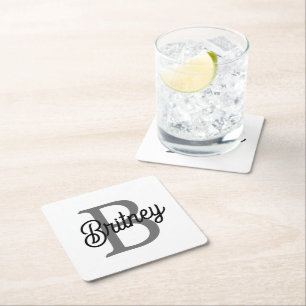 Modern Elegant Monogram Name Black Grey Script Square Paper Coaster