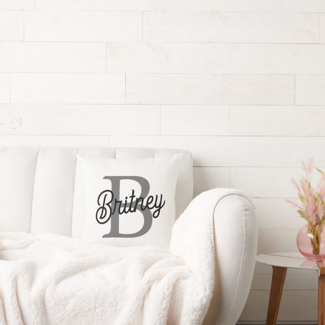 Modern Elegant Monogram Name  Black Grey Script  Throw Pillow (Couch)