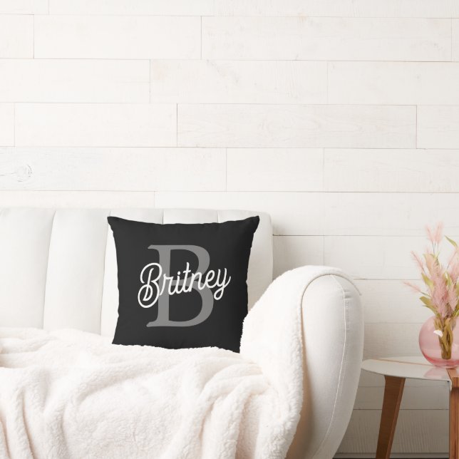 Modern Elegant Monogram Name  Black Grey Script  Throw Pillow (Couch)