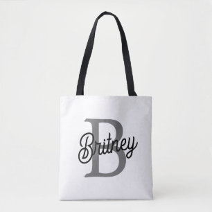 Modern Elegant Monogram Name  Black Grey Script  Tote Bag