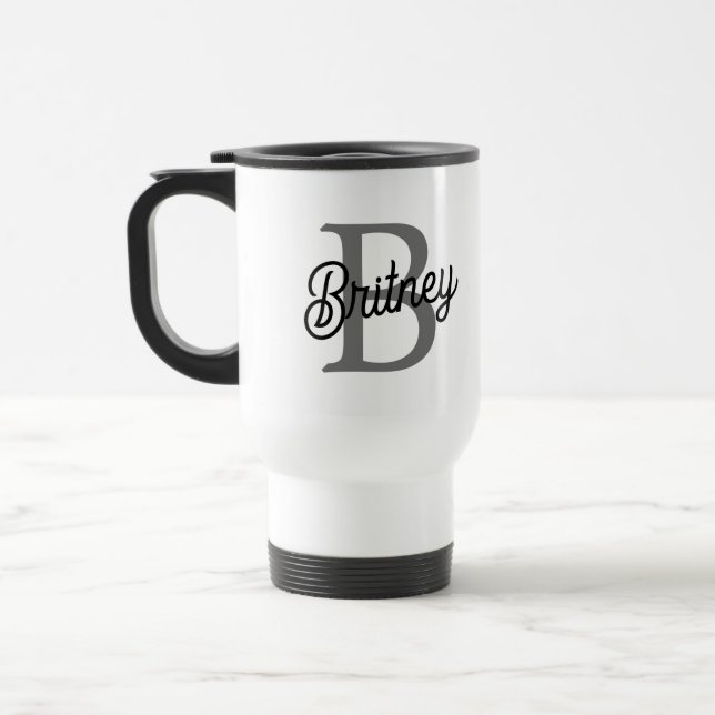 Modern Elegant Monogram Name  Black Grey Script  Travel Mug (Left)