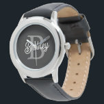 Modern Elegant Monogram Name Black Grey Script Watch<br><div class="desc">The Modern Elegant Monogram Name Black Grey Script Watch is a blend of timeless elegance and personalized style. This sophisticated timepiece features a classic black watch face with an elegant grey script displaying your custom monogram and name. The design combines a sleek and understated aesthetic with the practicality of a...</div>