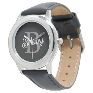 Modern Elegant Monogram Name  Black Grey Script  Watch