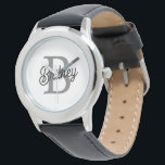 Modern Elegant Monogram Name Black Grey Script Watch<br><div class="desc">The Modern Elegant Monogram Name Black Grey Script Watch is a blend of timeless elegance and personalized style. This sophisticated timepiece features a classic black watch face with an elegant grey script displaying your custom monogram and name. The design combines a sleek and understated aesthetic with the practicality of a...</div>