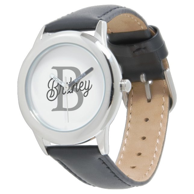 Modern Elegant Monogram Name  Black Grey Script  Watch (Angled)