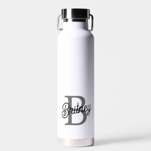 Modern Elegant Monogram Name  Black Grey Script  Water Bottle