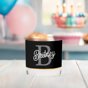 Modern Elegant Monogram Name Black Grey Script Whiskey Glass