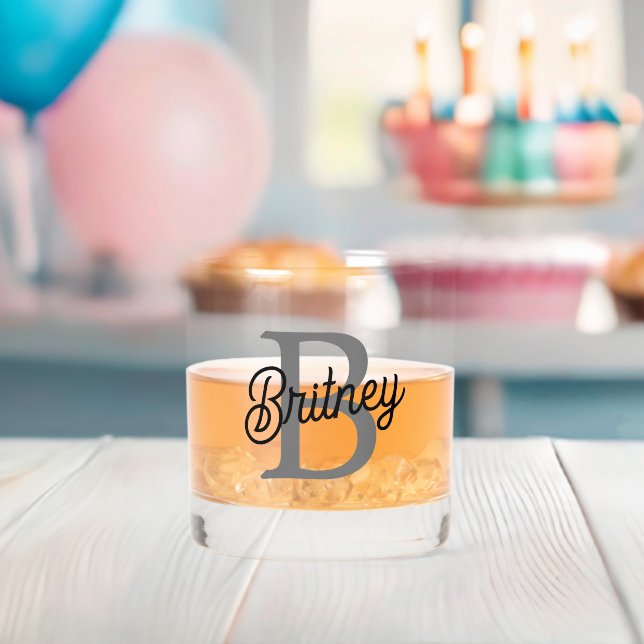 Modern Elegant Monogram Name  Black Grey Script  Whiskey Glass (Insitu (Baby Shower))