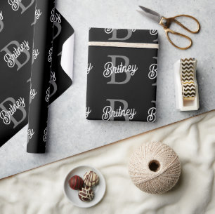 Modern Elegant Monogram Name Black Grey Script Wrapping Paper