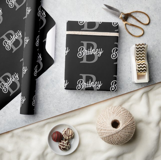 Modern Elegant Monogram Name  Black Grey Script  Wrapping Paper (Crafts)