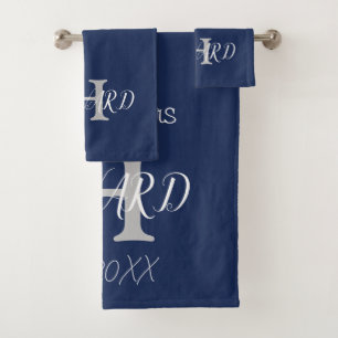 Modern Elegant Monogram Navy Blue White Wedding Bath Towel Set