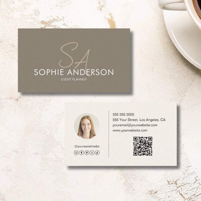 Modern Elegant Monogram Photo QR Taupe Business Card (Modern Elegant Monogram Photo QR Taupe Business Card)