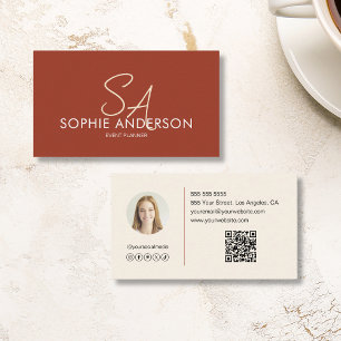 Modern Elegant Monogram Photo QR Terracotta Business Card