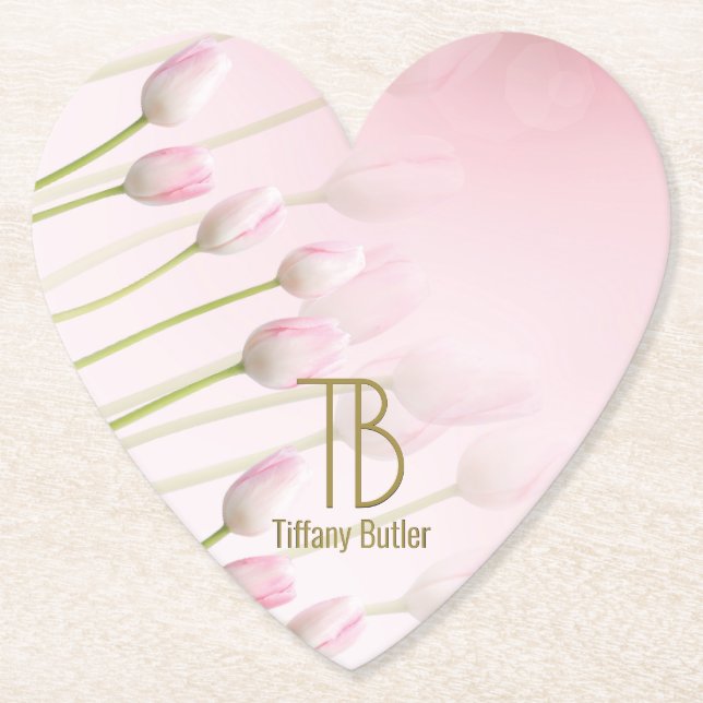 Modern Elegant Monogram Powder Pink Tulips Party Paper Coaster (Front)