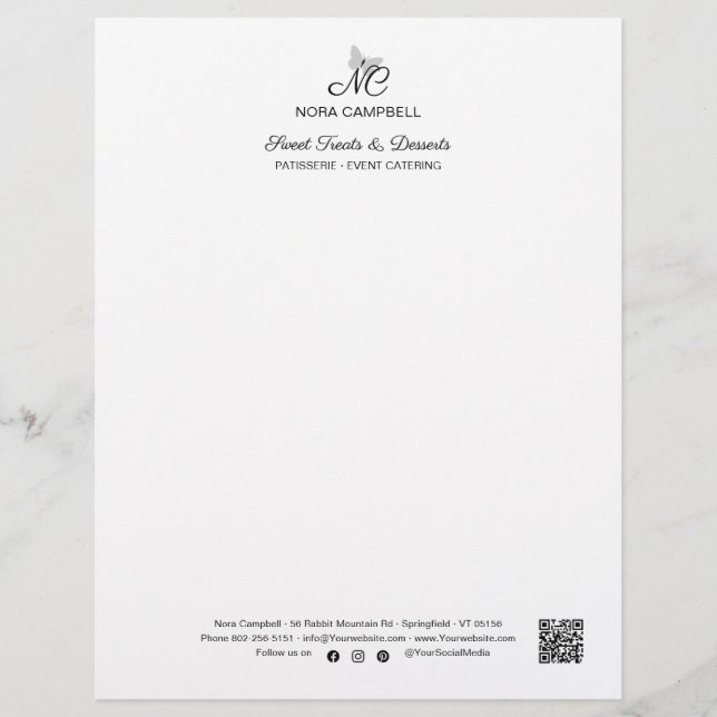 Modern Elegant Monogram QR Code Instagram Black Letterhead (Front)