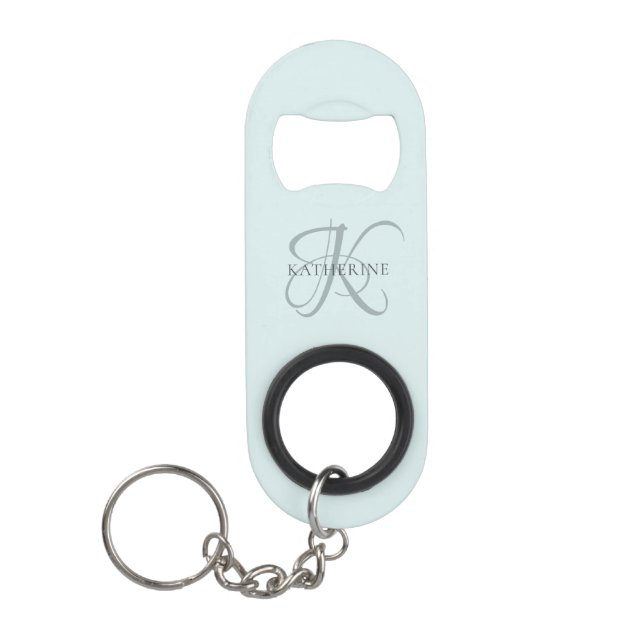 Modern Elegant Monogram Script Aqua Blue Keychain Bottle Opener (Front)
