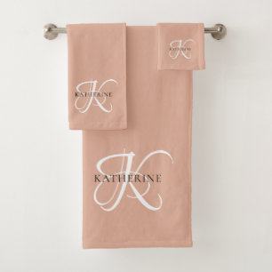Modern Elegant Monogram Script Blush Pink Bath Towel Set