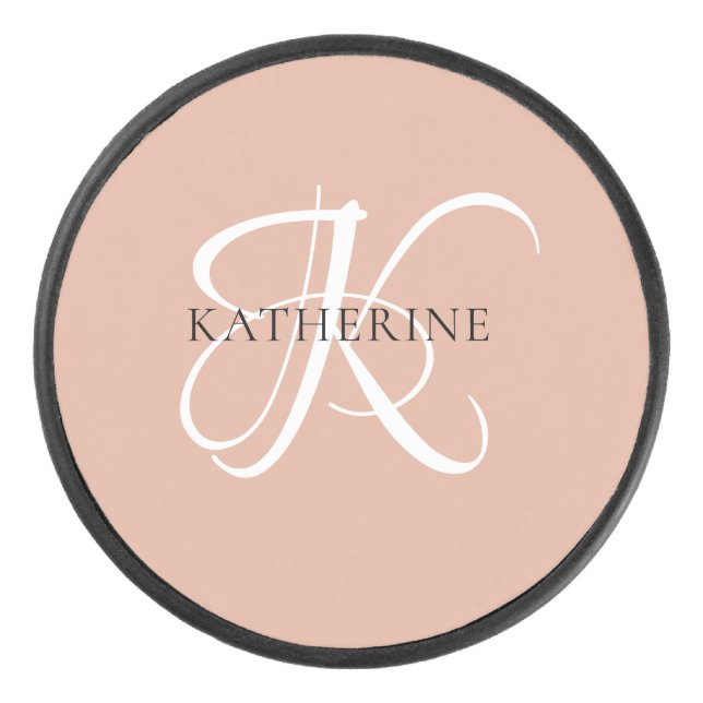 Modern Elegant Monogram Script Blush Pink Hockey Puck (Front)