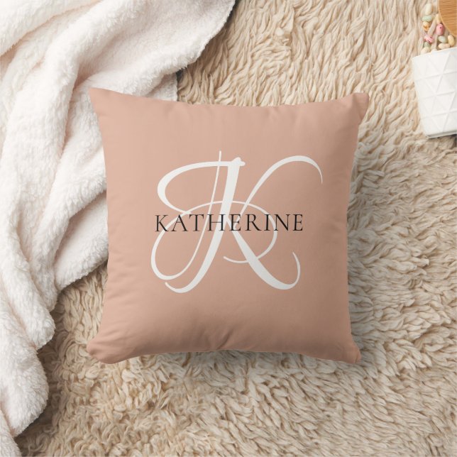 Modern Elegant Monogram Script Blush Pink Throw Pillow (Blanket)