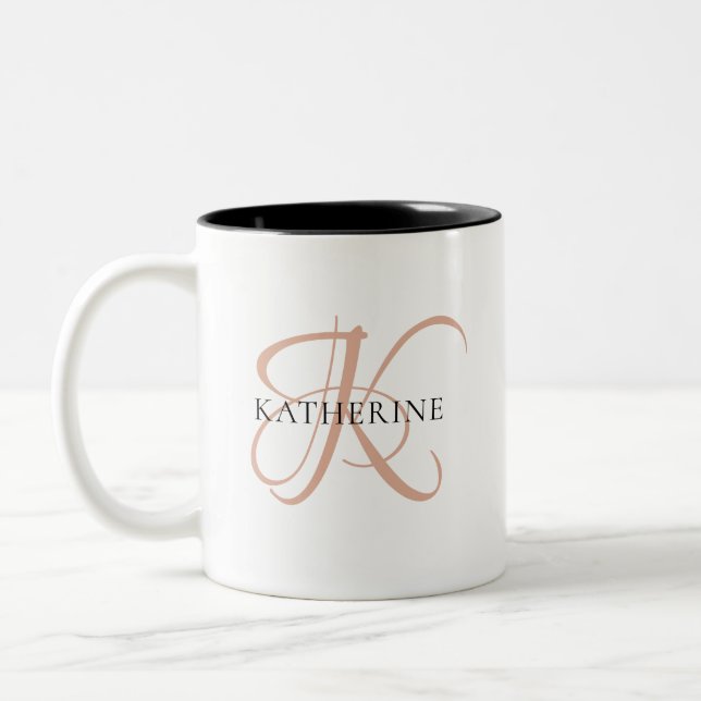 Modern Elegant Monogram Script Blush Pink Two-Tone Coffee Mug (Left)