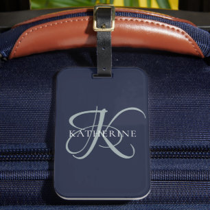 Modern Elegant Monogram Script Navy Blue Luggage Tag
