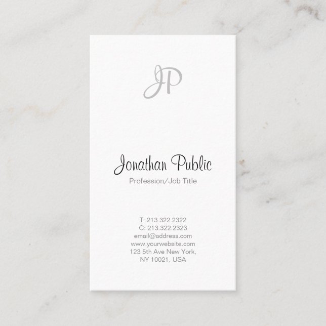 Modern Elegant Monogram Sleek Professional White Business Card (Front)