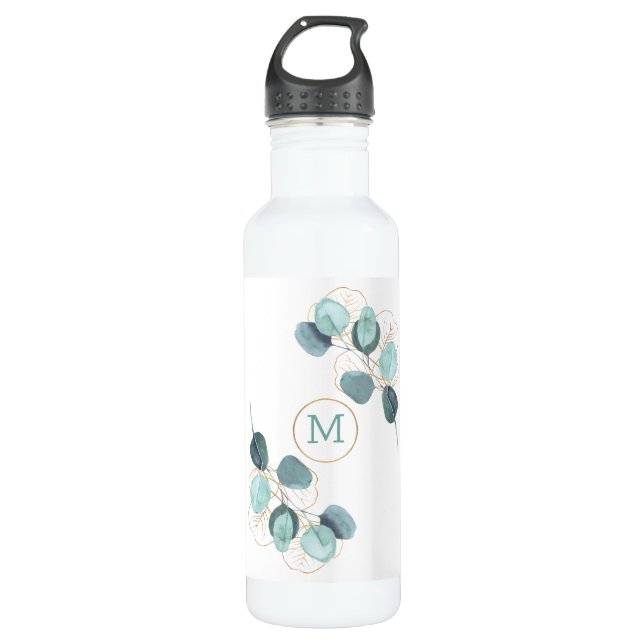 Modern Elegant Monogrammed Eucalyptus Gold 710 Ml Water Bottle (Front)