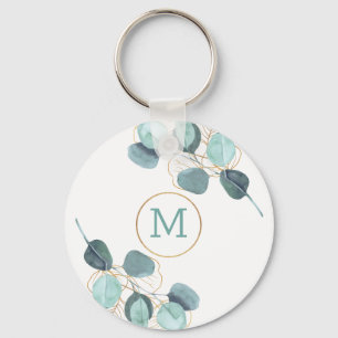 Modern Elegant Monogrammed Eucalyptus Gold Keychain