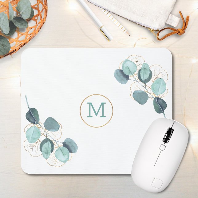 Modern Elegant Monogrammed Eucalyptus Gold Mouse Pad (Creator Uploaded)