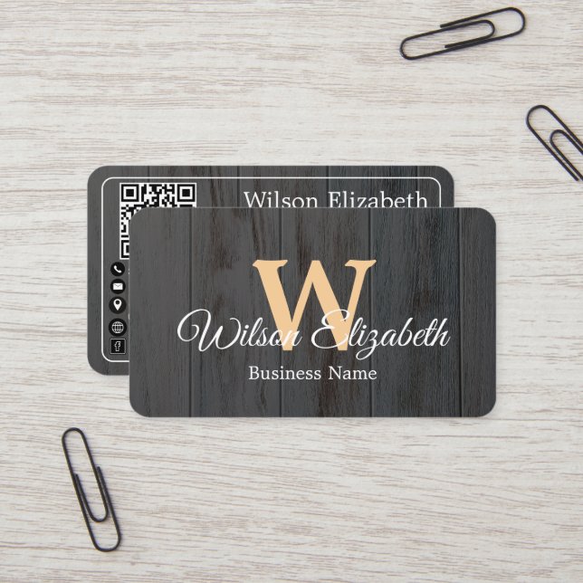 Modern elegant monogrammed QR code business cards (Front/Back In Situ)