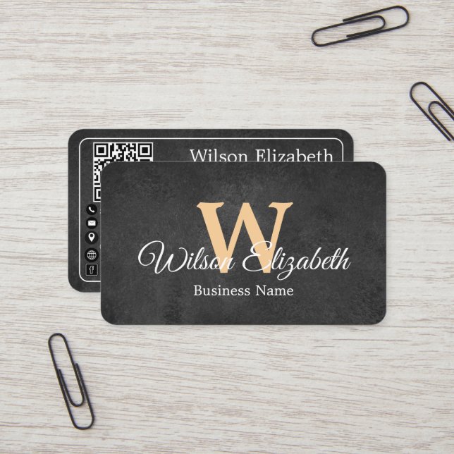 Modern elegant monogrammed QR code business cards (Front/Back In Situ)