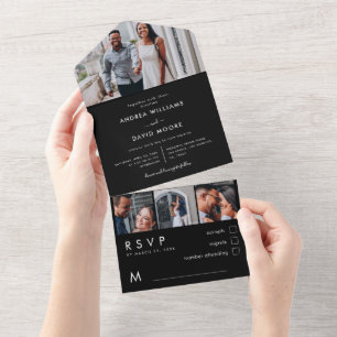 Modern Elegant Multi 4 Photo Collage Black Wedding All In One Invitation