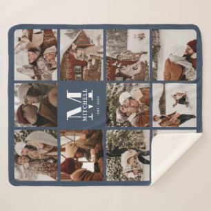 Modern Elegant Multi Photo Collage Navy Blue Sherpa Blanket