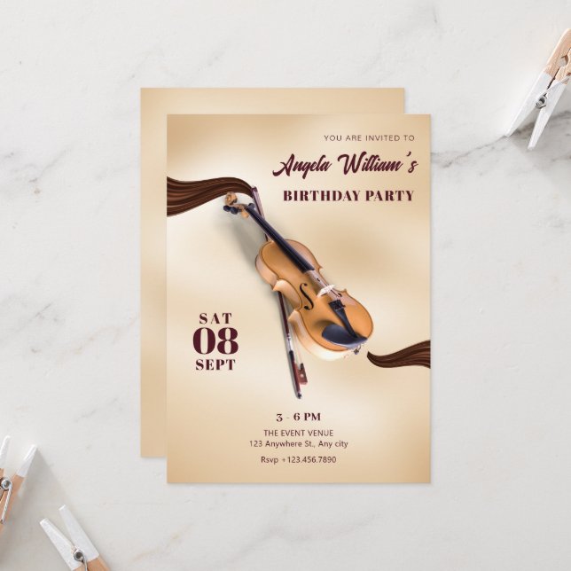 Modern Elegant Musical Instrument violin birthday Invitation (Front/Back In Situ)