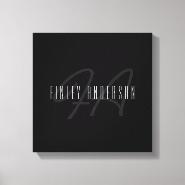 Modern Elegant Name & Monogram | Dark Grey & Black Canvas Print (Front)