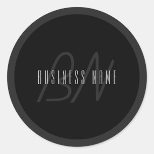 Modern Elegant Name & Monogram   Dark Grey & Black Classic Round Sticker