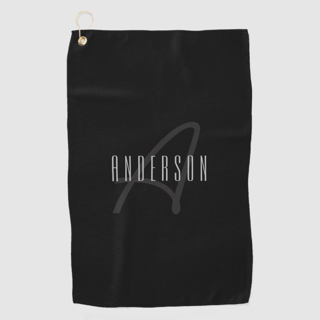 Modern Elegant Name & Monogram | Dark Grey & Black Golf Towel (Front)