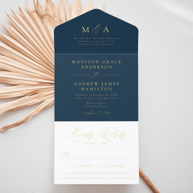 Modern Elegant Navy and Gold Foil Monogram Wedding All In One Invitation (Creator Uploaded)