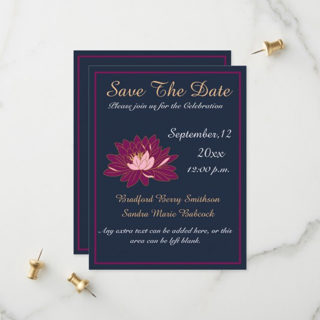 Modern Elegant Navy Blue and Burgundy Pink Floral Save The Date (Front/Back In Situ)