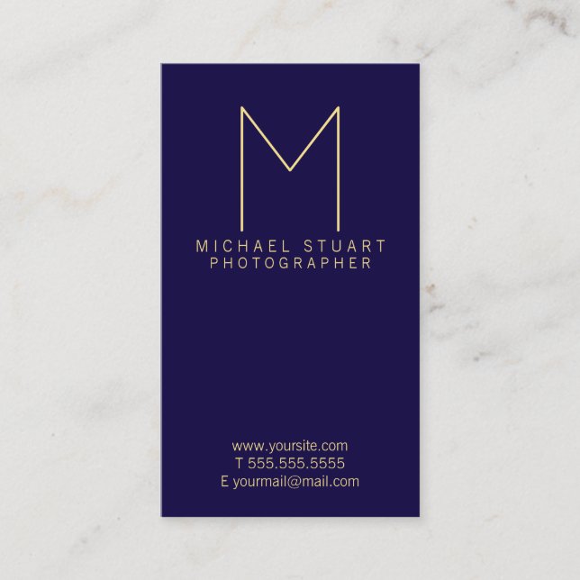 Modern Elegant Navy Blue and Gold Monogram Business Card (Front)
